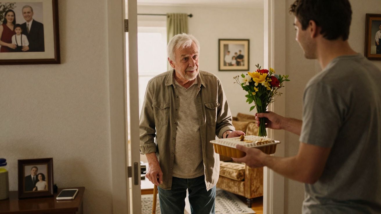 Homem jovem oferece flores e bolo a homem mais velho num corredor de uma casa acolhedora.