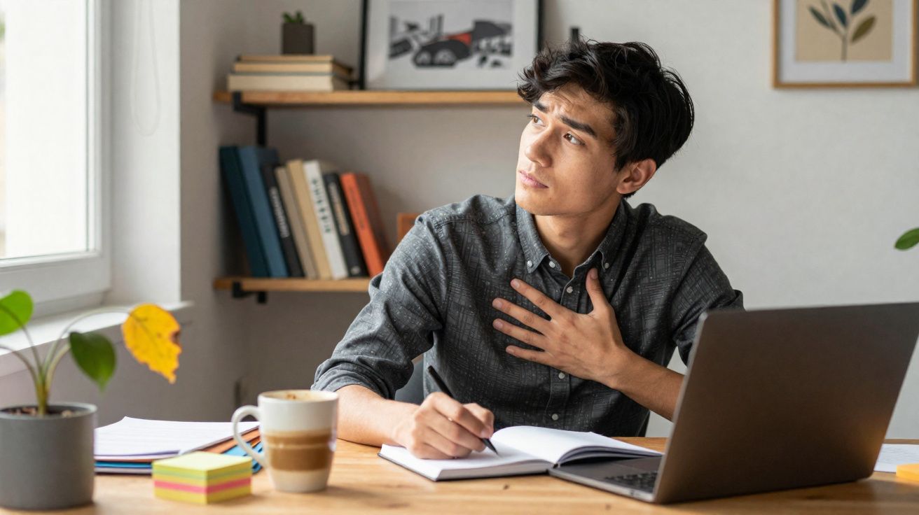 Jovem sentado a estudar, segurando o peito com expressão pensativa junto a um computador portátil.