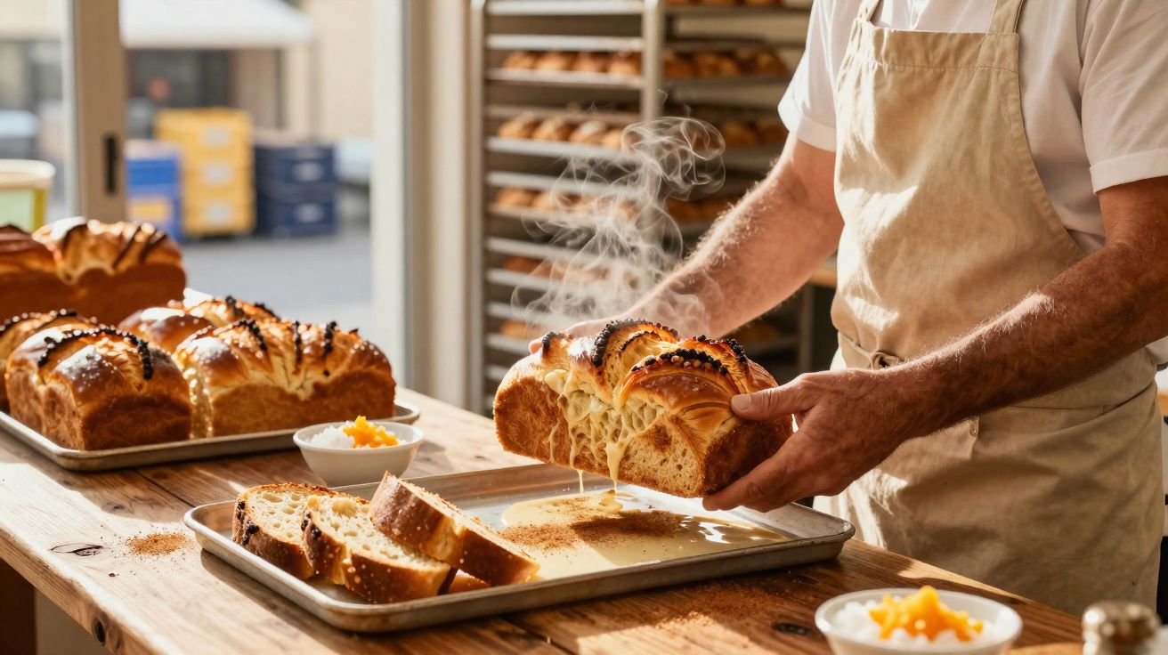 Padeiro a cortar pão fresco com vapor na mesa de madeira em padaria iluminada a manhã.