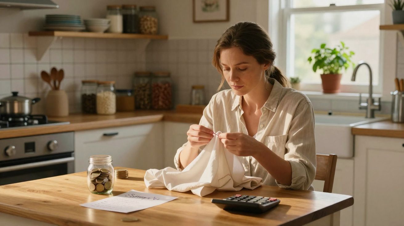 Mulher sentada à mesa a remendar roupa, com moedas, calculadora e papel na cozinha iluminada.
