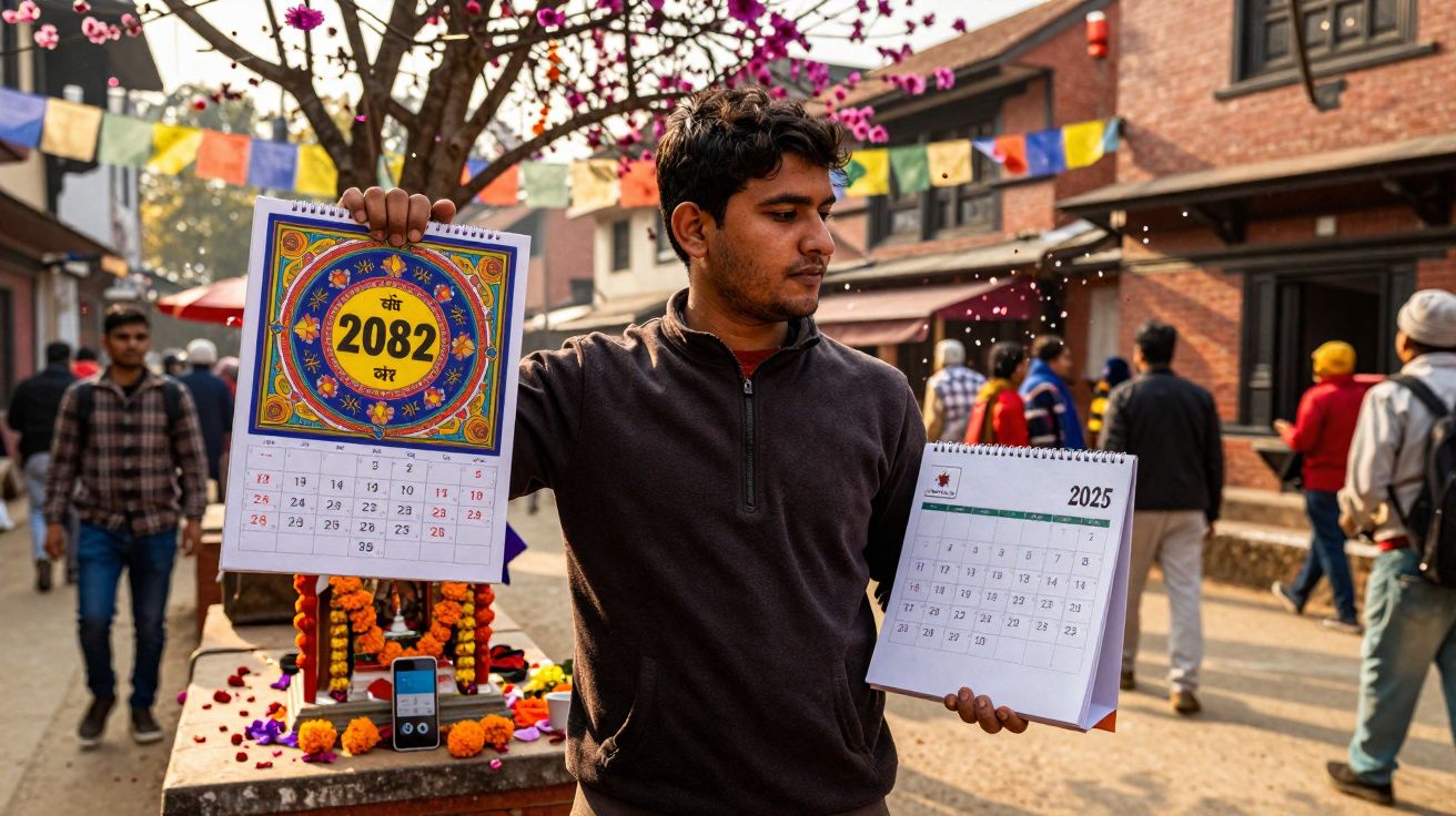 Homem numa rua com bandeiras coloridas e árvore, segurando dois calendários, um de 2082 e outro de 2025.