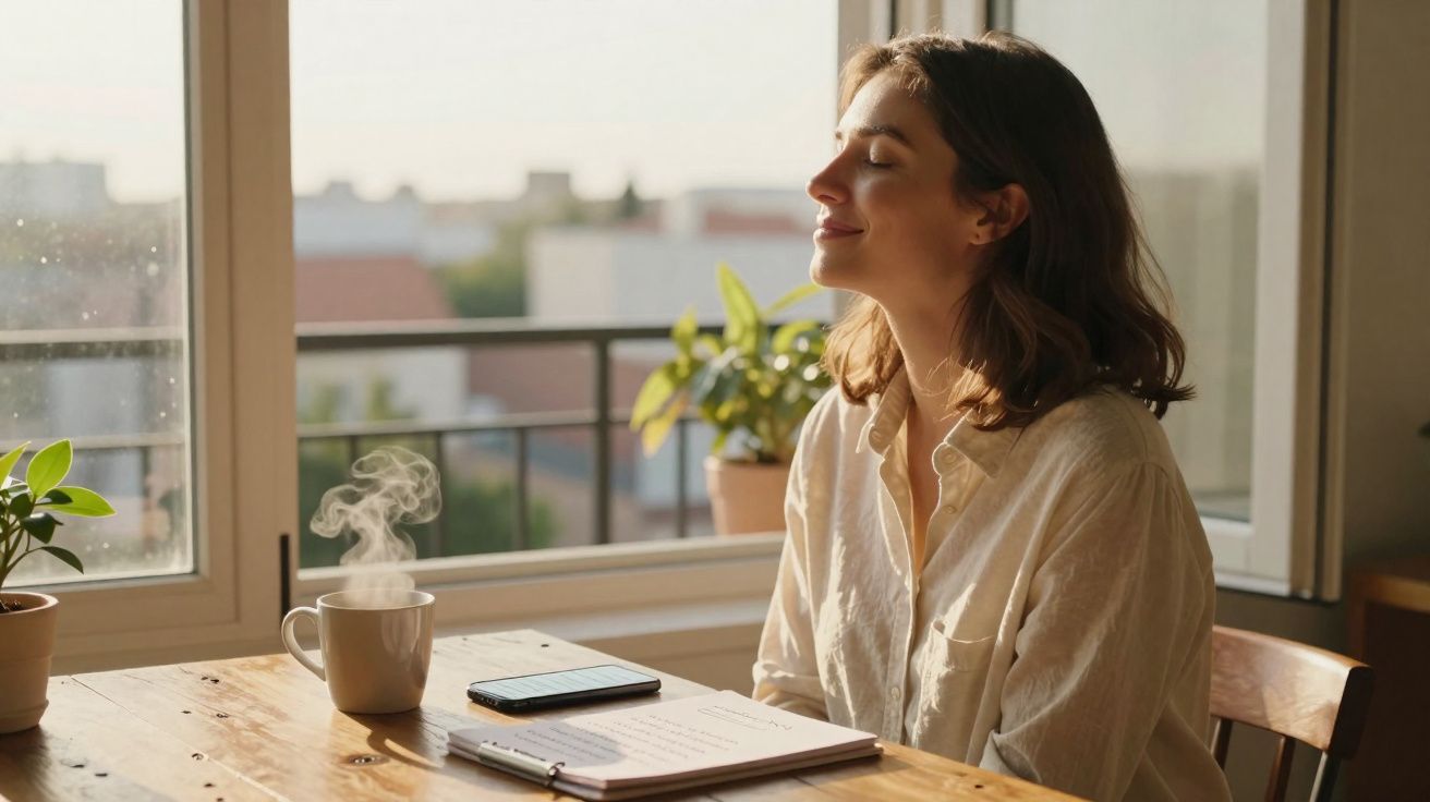 Mulher sentada junto a janela, relaxada, a sentir o aroma de uma chávena de bebida quente numa mesa de madeira.