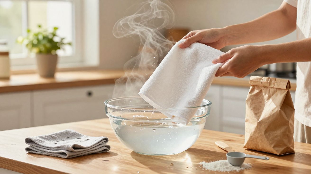 Mãos a mergulhar um pano branco em água quente com vapor numa cozinha luminosa e arrumada.