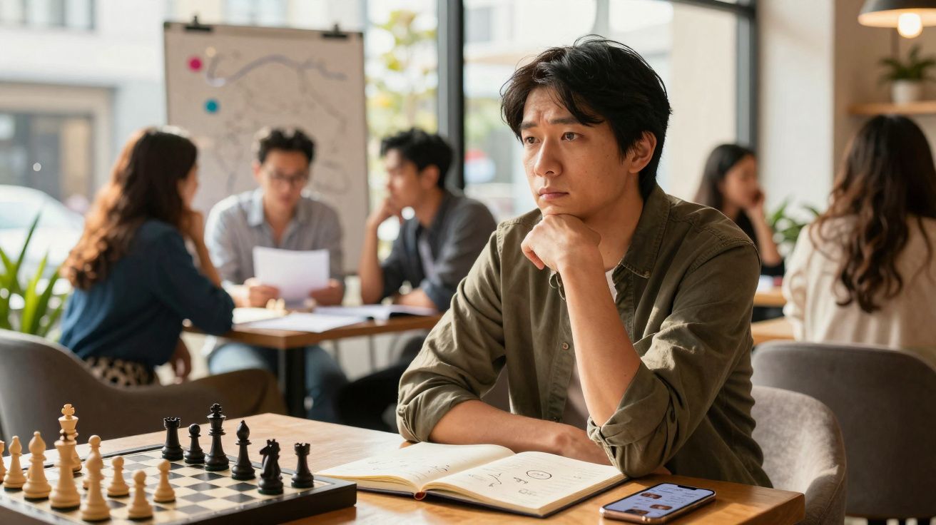 Homem a pensar sentado à mesa com jogo de xadrez, caderno aberto e smartphone, outras pessoas ao fundo.