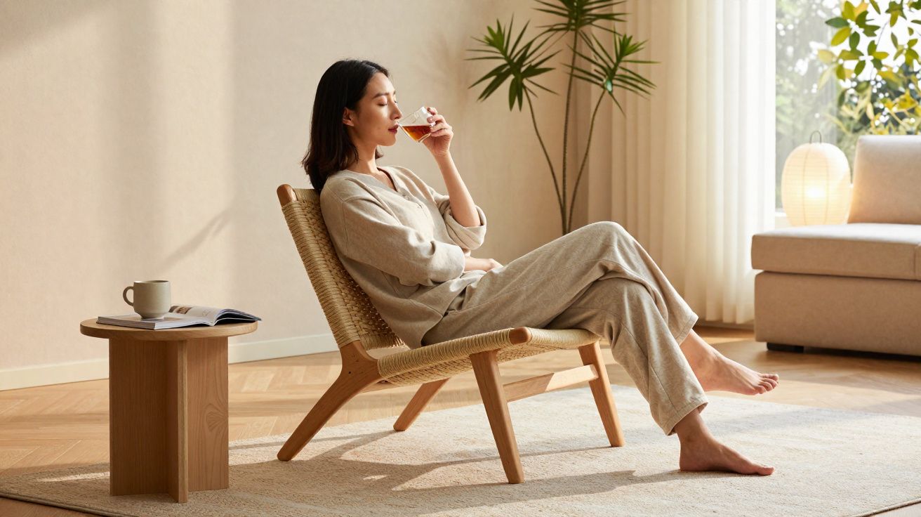 Mulher sentada numa cadeira baixa de madeira, a beber chá num ambiente luminoso e sereno.