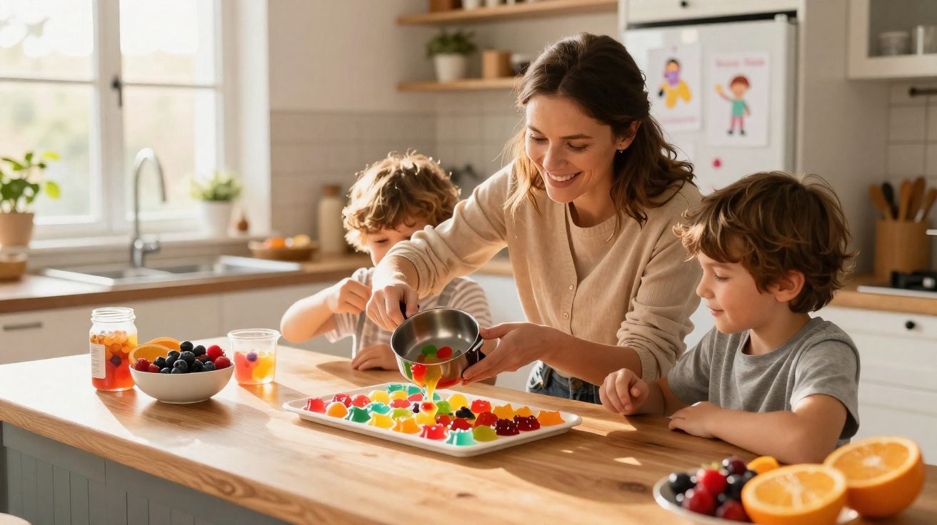 Mulher e duas crianças divertem-se a preparar gelados coloridos numa cozinha luminosa e moderna.