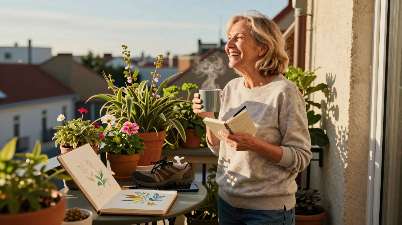 Mulher sorridente segura caneca quente e caderno numa varanda com plantas e estudo de botânica.