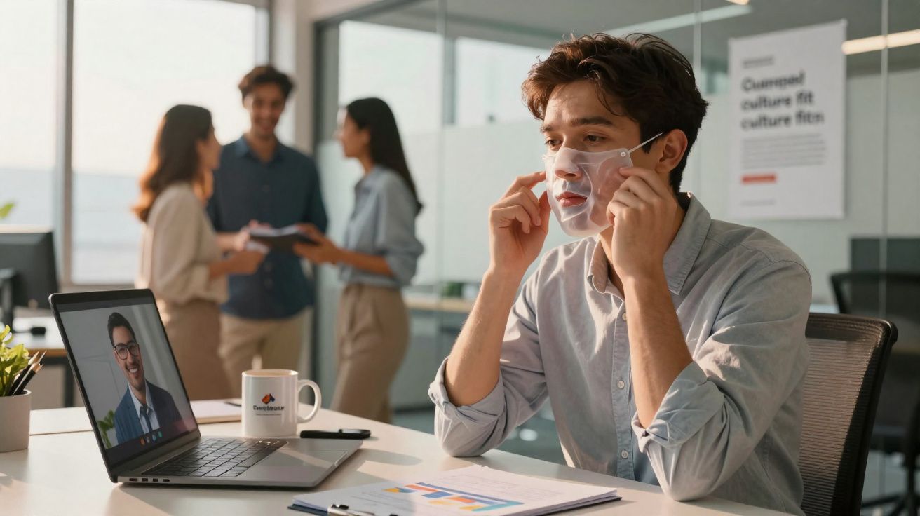 Homem sentado em escritório a colocar máscara facial transparente enquanto participa em videochamada.