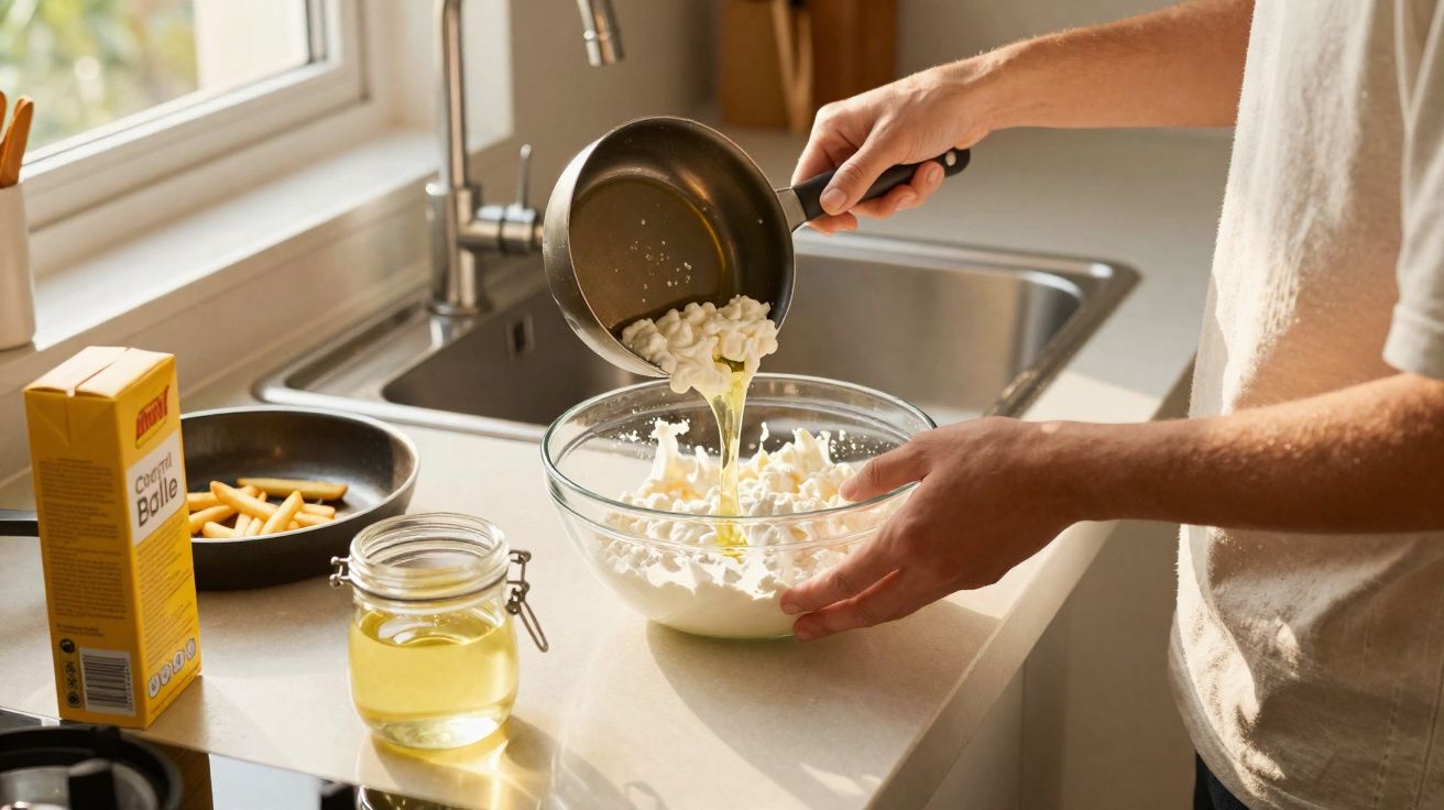 Pessoa a preparar mistura com queijo cottage e outro ingrediente num prato de vidro na cozinha iluminada.