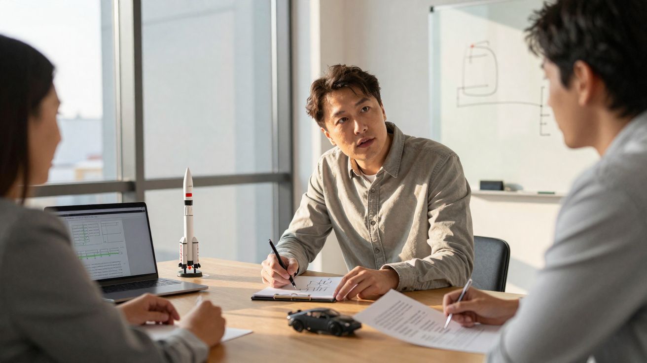Três colegas em reunião numa sala clara, com laptop, maquetes de carro e foguetão sobre a mesa.
