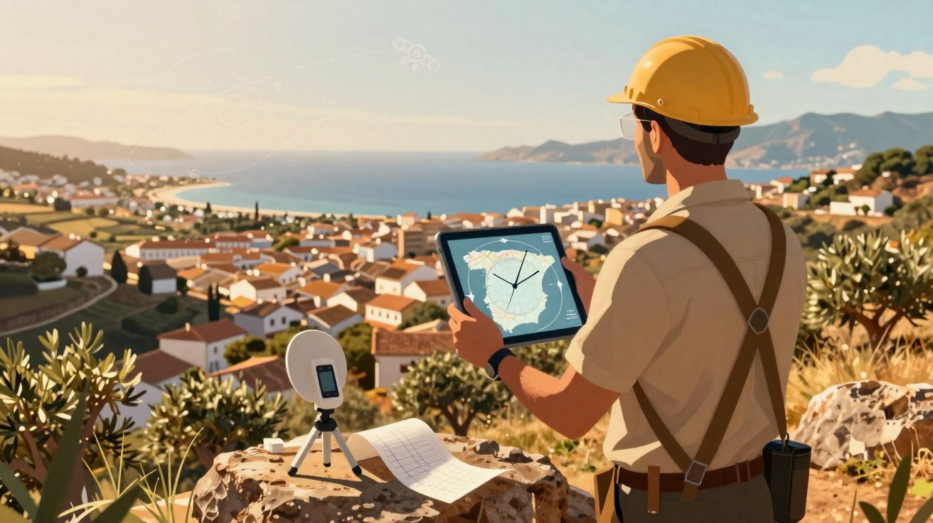 Engenheiro com capacete analisa mapa digital numa tabuleiro com vista para vila costeira e mar ao fundo.