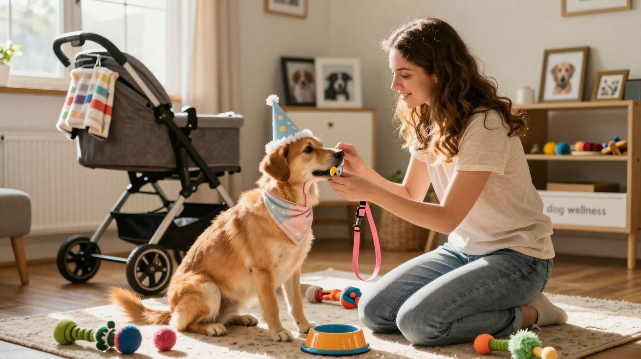 Mulher dá um brinquedo a um cão com chapéu de festa num ambiente acolhedor e cheio de brinquedos.