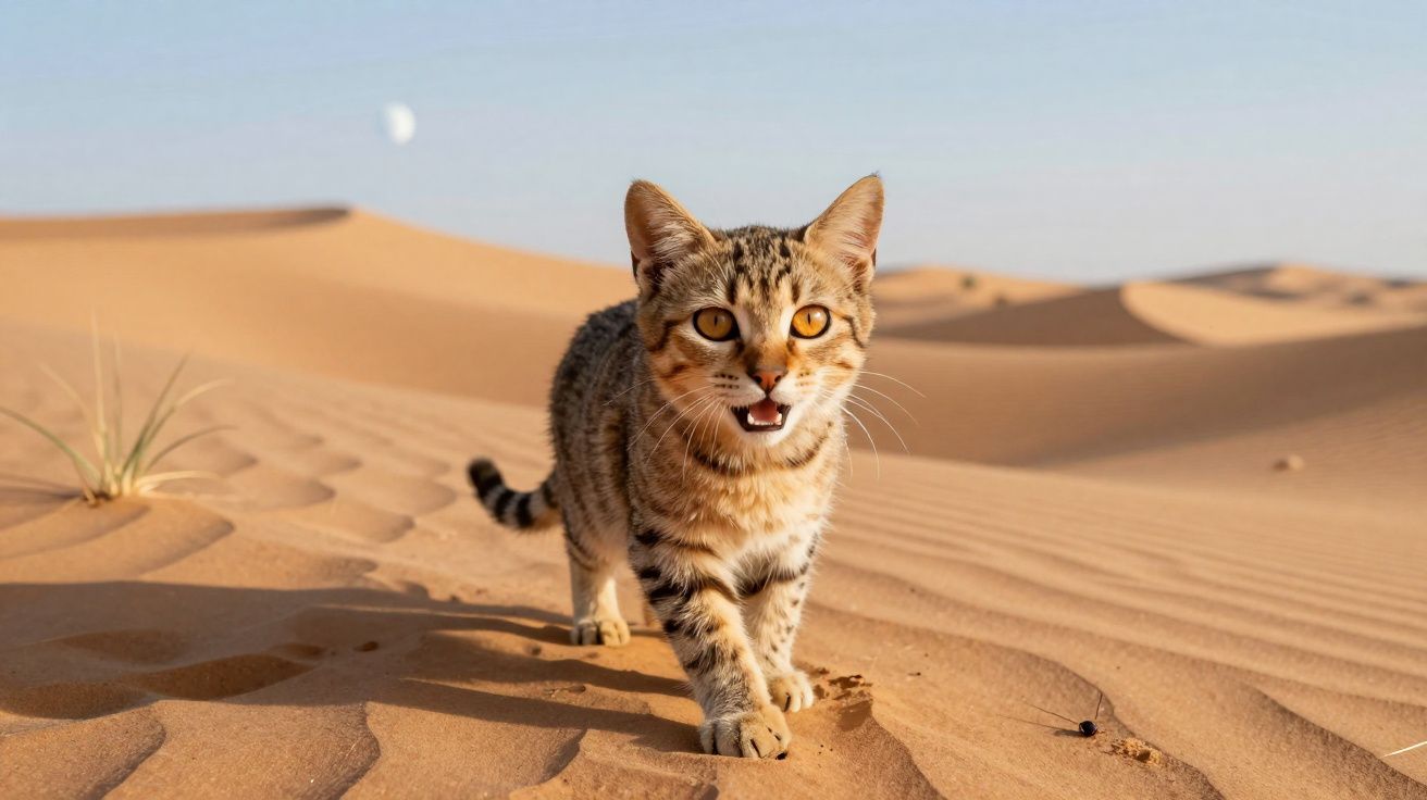 Gato tigrado a caminhar na areia do deserto com a lua visível no céu azul claro.