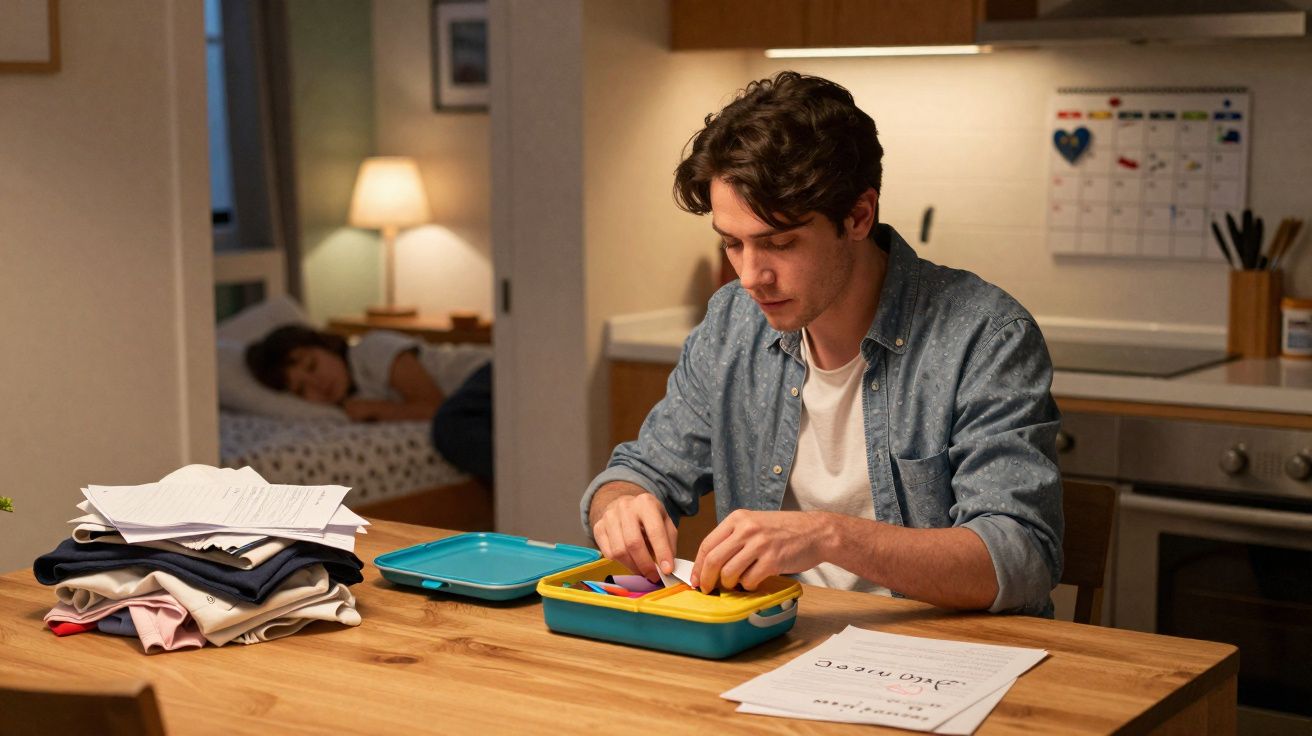 Homem jovem prepara uma marmita na cozinha enquanto uma criança dorme numa cama ao fundo.