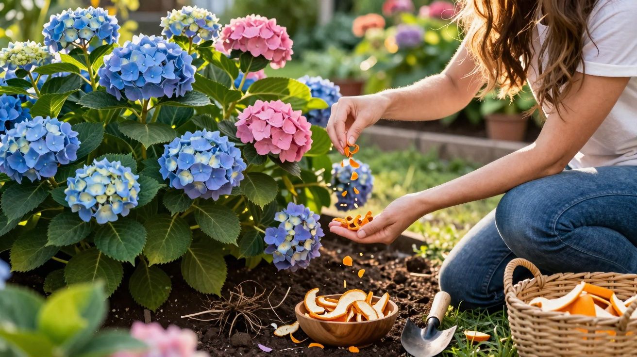 Pessoa a espalhar cascas de fruta no solo junto a flores de hortênsia azuis e cor-de-rosa num jardim.