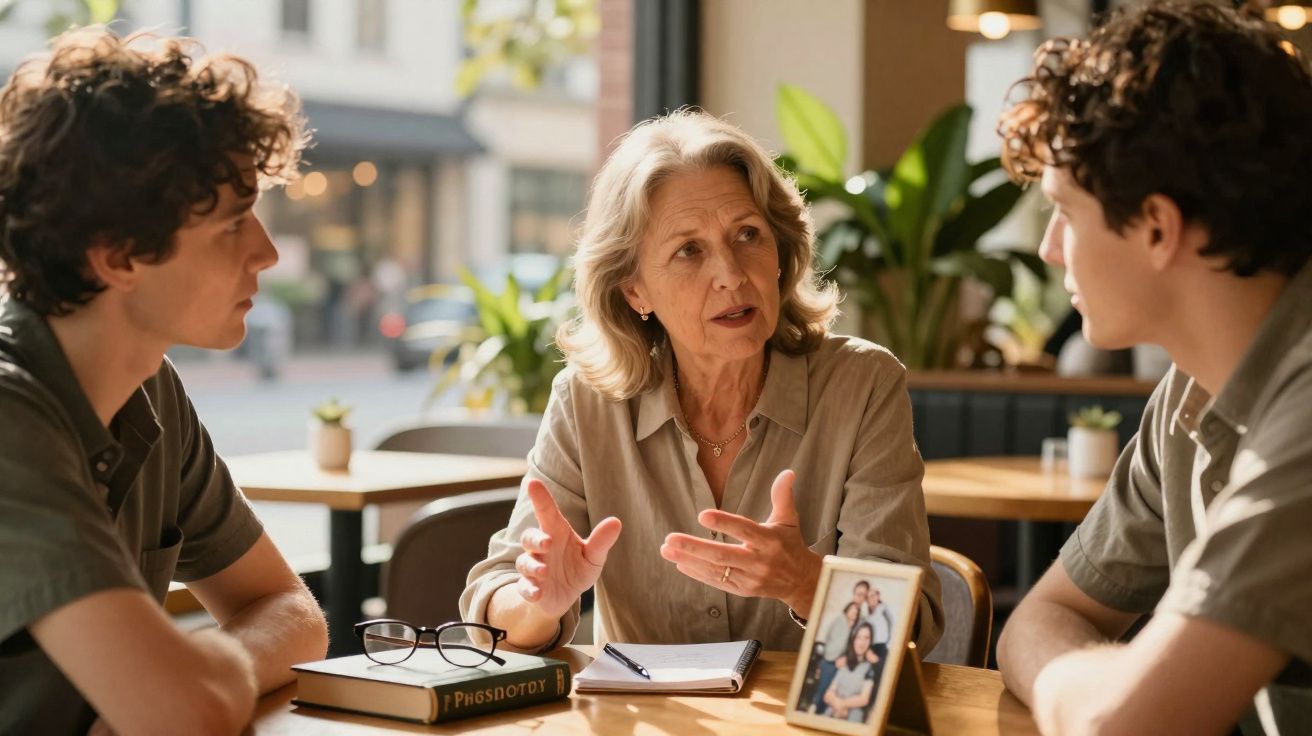 Mulher sénior a conversar com dois jovens numa mesa de café, com livros e fotografia familiar presentes.