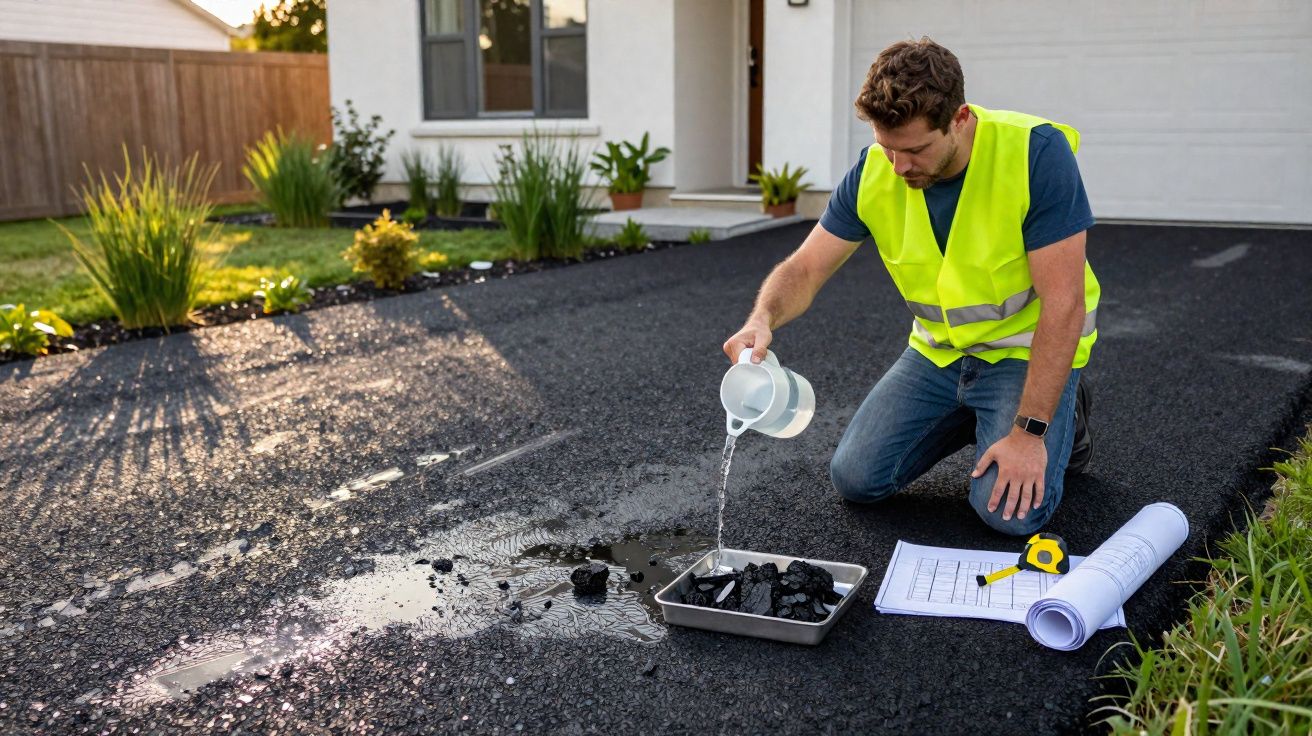 Homem com colete amarelo a regar amostras de asfalto numa garagem ao ar livre, com plantas e plantas ao fundo.