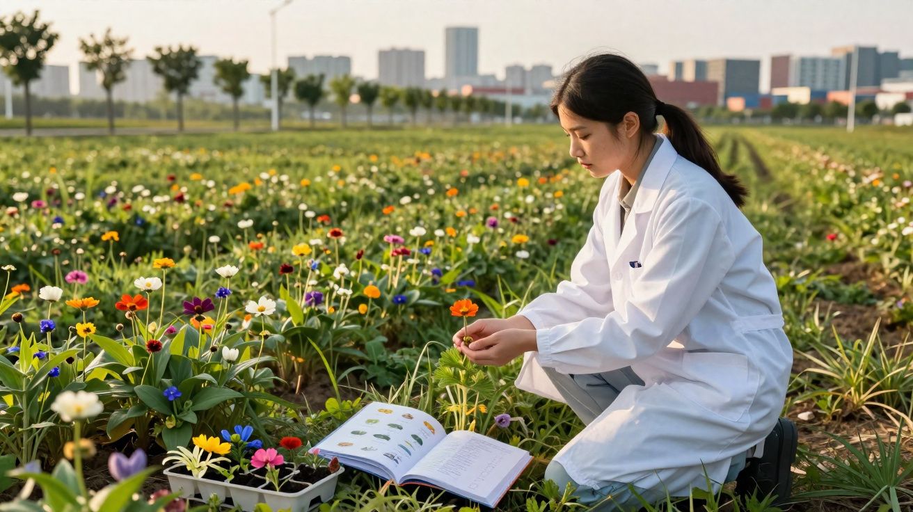 Mulher de bata branca analisa flor num campo colorido com livro aberto ao lado ao fim da tarde.