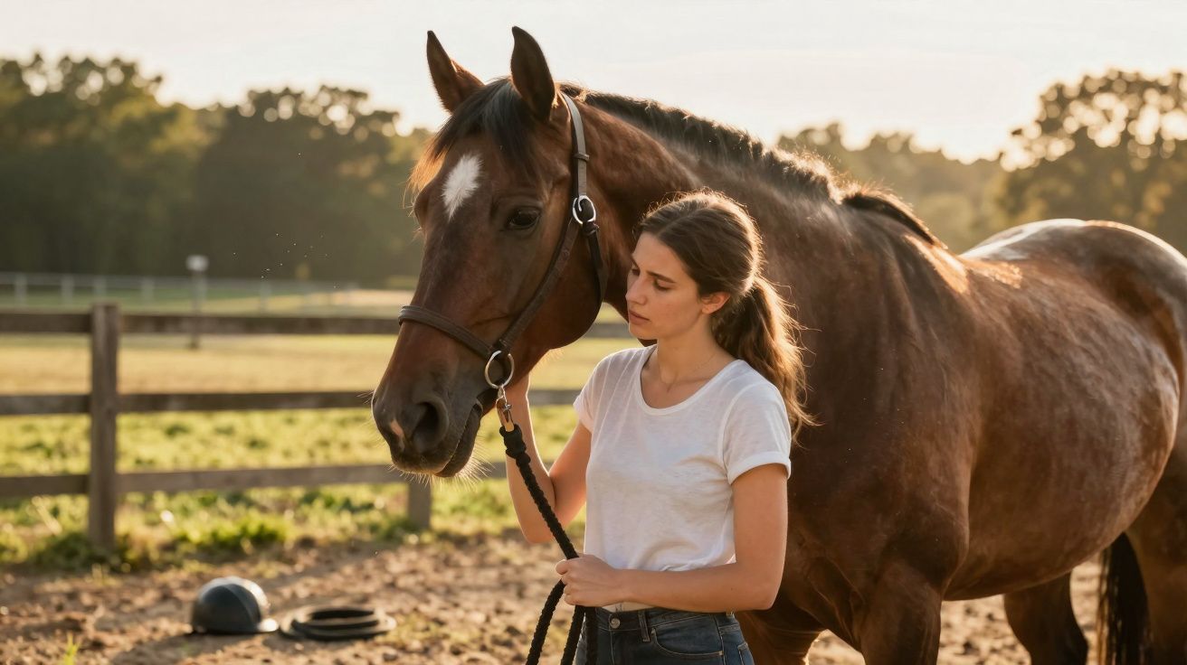 Mulher com t-shirt branca a segurar e acariciar um cavalo castanho numa manjedoura ao pôr do sol.