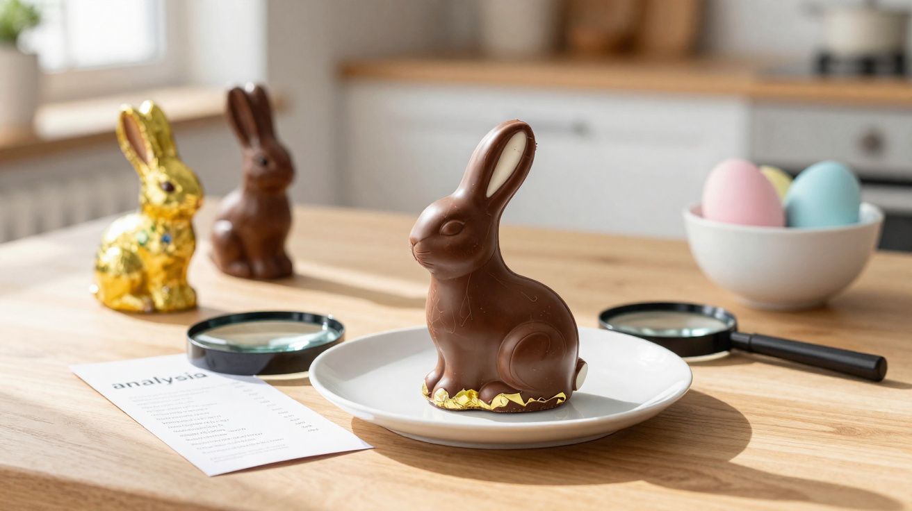 Três coelhos de chocolate sobre uma mesa de madeira, dois atrás e um num prato branco, com dois ovos coloridos numa taça ao f