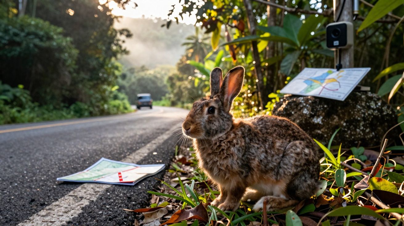 Coelho junto a estrada com mapas espalhados em ambiente natural ao amanhecer.