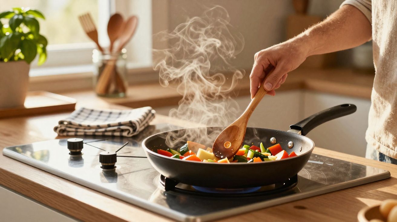 Pessoa a mexer legumes numa frigideira com vapor numa cozinha iluminada pela luz natural