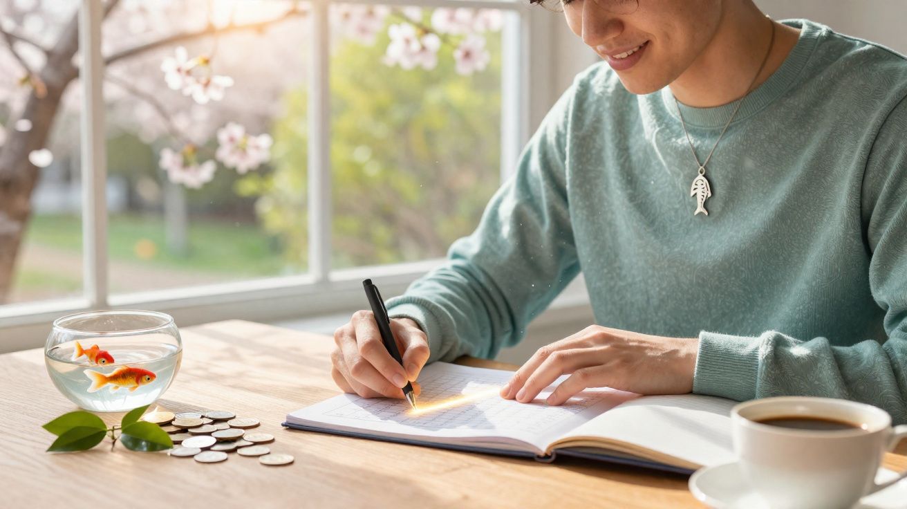 Pessoa a escrever num caderno com peixe dourado num aquário pequeno e chá numa mesa junto à janela.