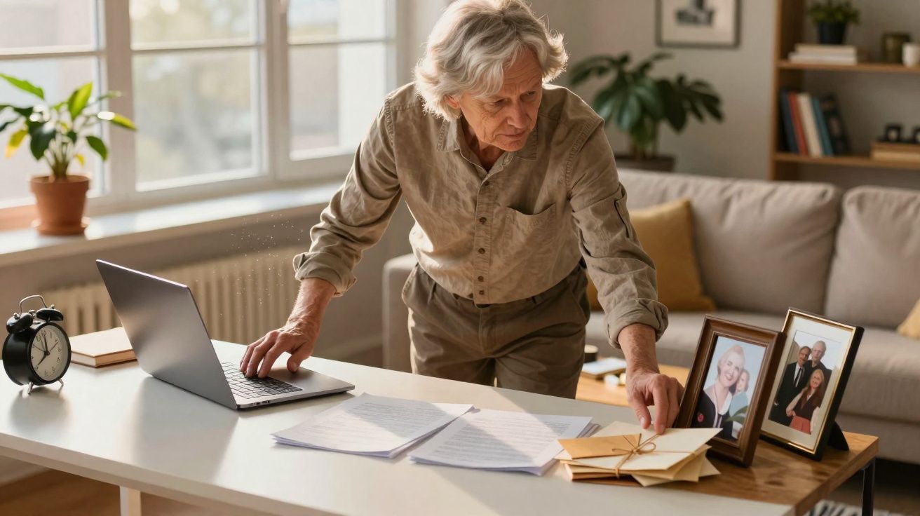 Homem idoso junto a secretária com laptop, cartas e fotografias de família numa sala iluminada.