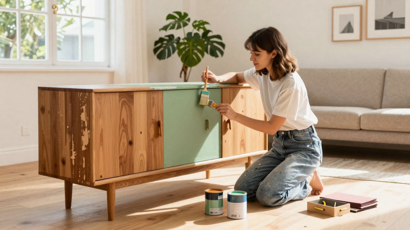 Mulher a pintar móveis de madeira com tinta verde num ambiente luminoso e acolhedor.