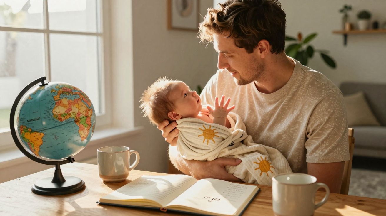 Homem segurando bebé enrolado em manta, com globo terrestre, livro aberto e duas chávenas numa mesa à luz natural.