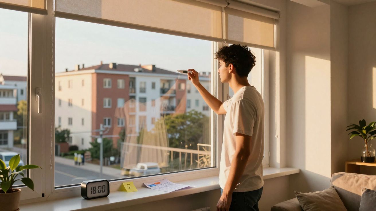Homem jovem a olhar pela janela numa sala iluminada pelo sol ao final da tarde.