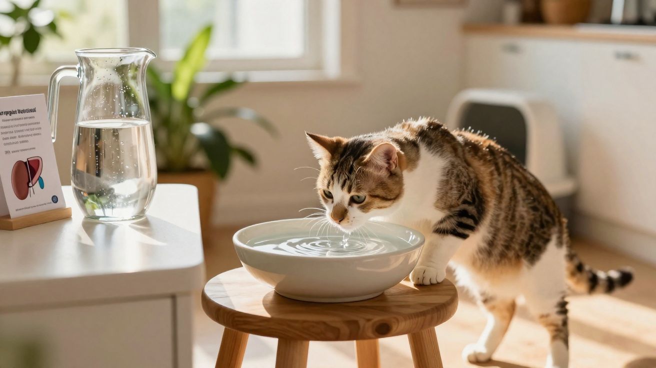Gato tigrado branco a beber água de uma tigela numa sala iluminada pelo sol.