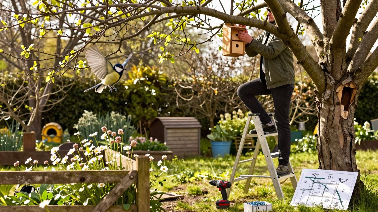 Homem numa escada a instalar um ninho para pássaros numa árvore num jardim com flores e ferramenta no chão.