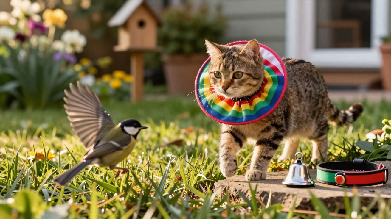 Gato com colar colorido observa pássaro pousado na relva num jardim com flores e brinquedos.