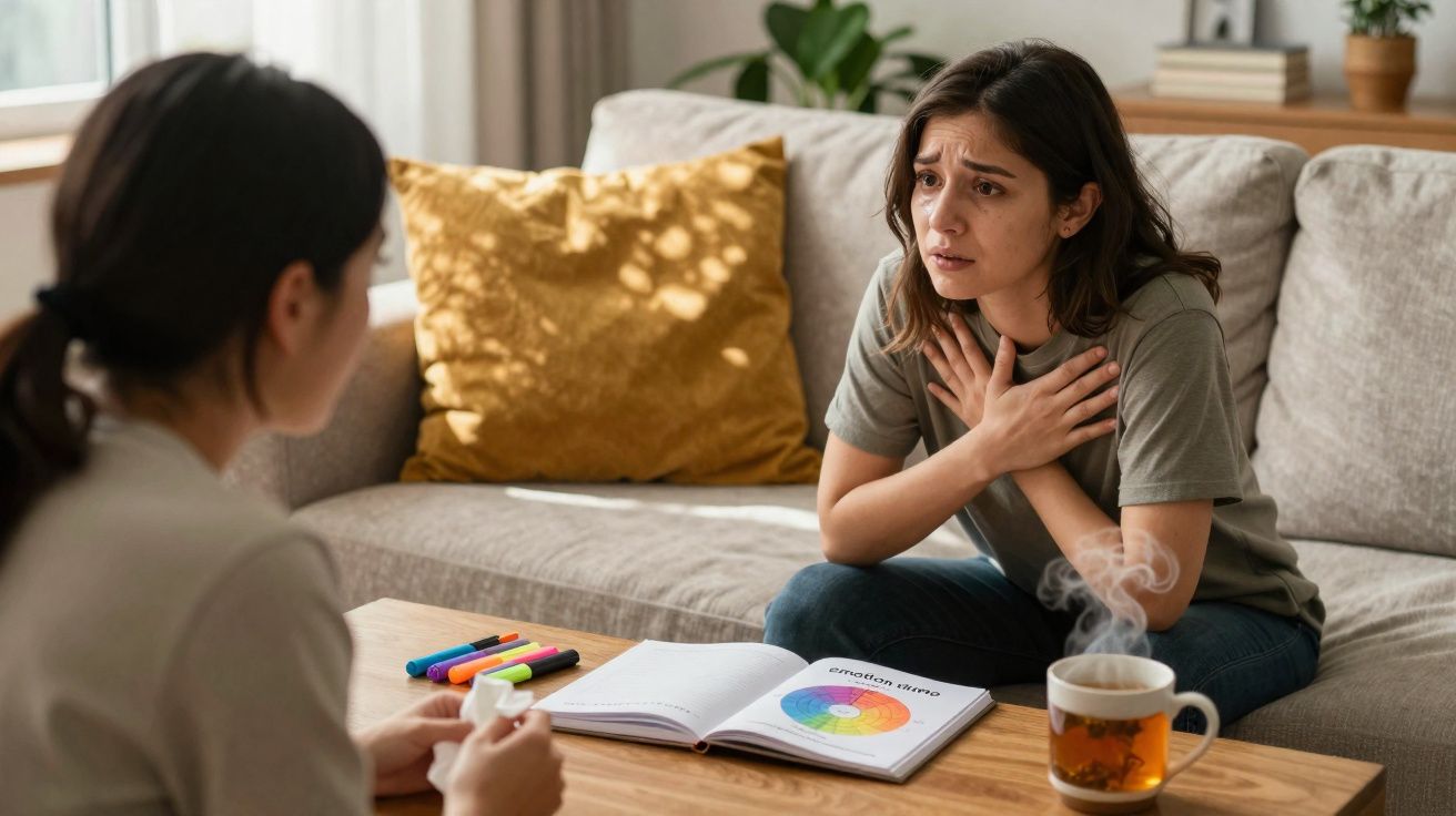 Mulher preocupada conversa com terapeuta numa sessão de aconselhamento emocional em casa.