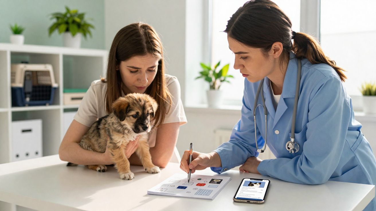 Veterinária a explicar resultados no consultório enquanto dona segura um cãozinho castanho.
