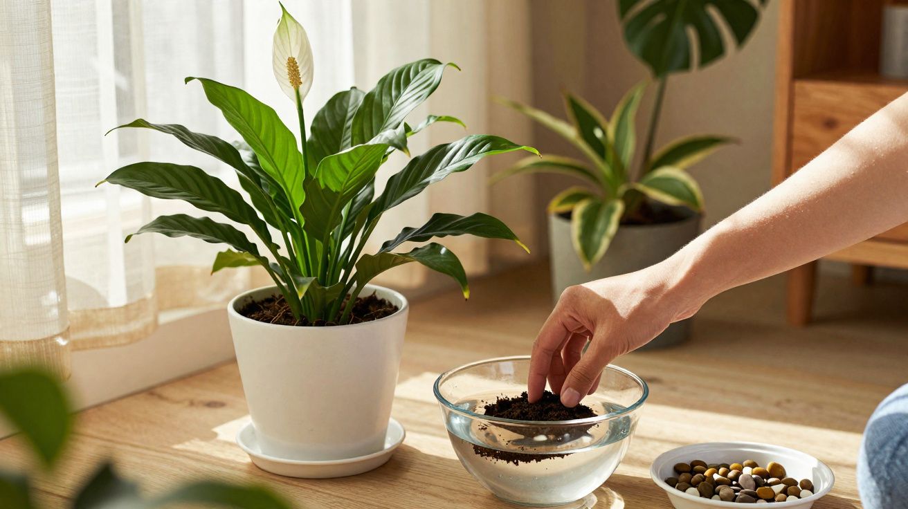 Mão segurando terra sobre tigela de vidro junto a planta de folha verde em vaso branco na sala iluminada.