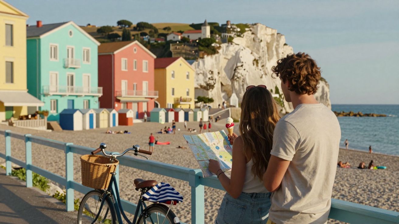 Casal junto a bicicleta com mapa na mão observa praia com casas coloridas e rochas à beira-mar.