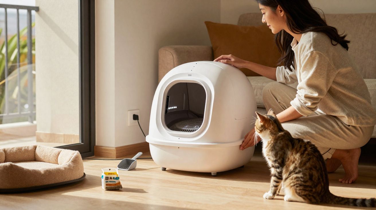 Mulher junto a casa de banho automática para gato, gato sentado e cama para animal no chão.