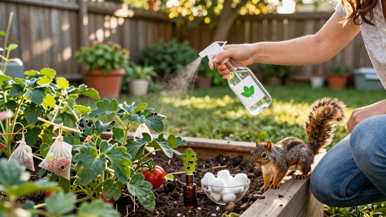 Pessoa rega plantas de tomate num canteiro enquanto um esquilo observa próximo.