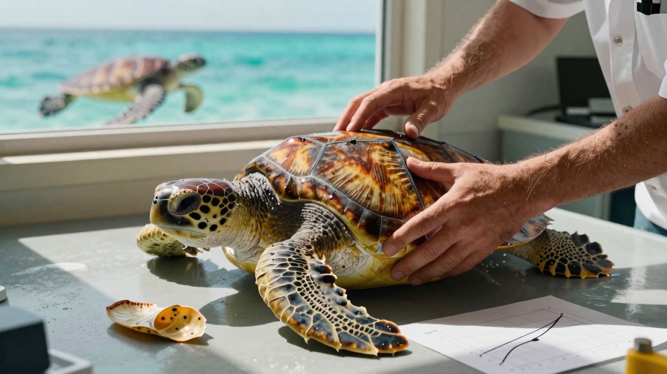 Pessoa segura tartaruga marinha sobre mesa de exame com outra tartaruga no mar vista pela janela