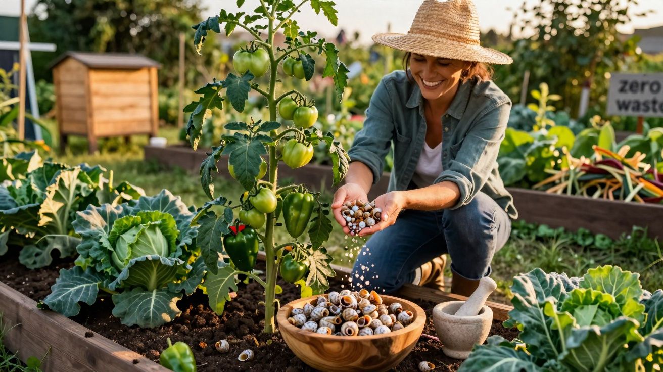 Mulher sorridente em horta com chapéu de palha, segura caracóis junto a uma tigela de madeira.
