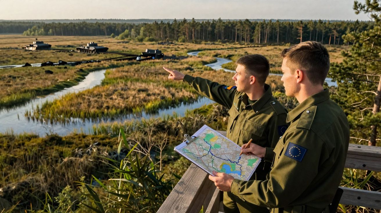 Dois militares europeus com uniforme verde observam terreno com tanques ao longe, segurando um mapa numa torre de vigia.
