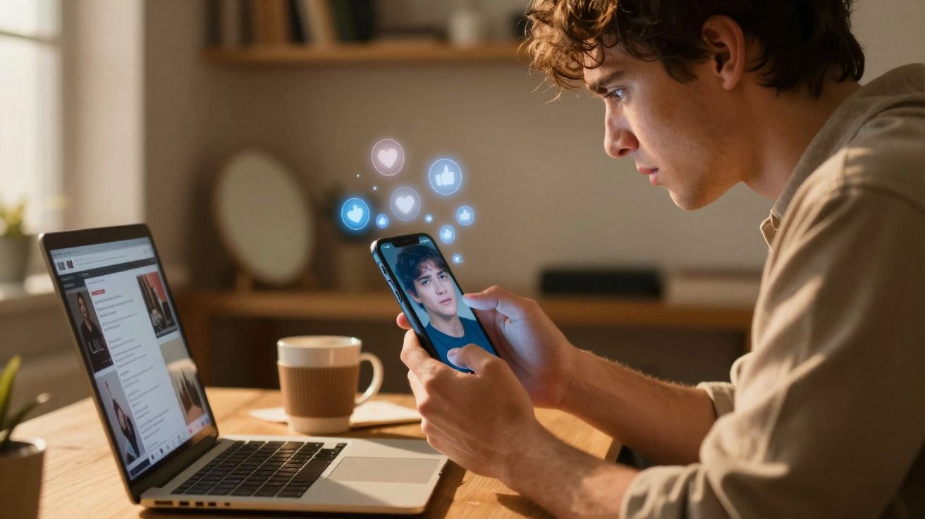 Jovem sentado à mesa interagindo com rede social no telemóvel, com laptop aberto e copo de café junto.