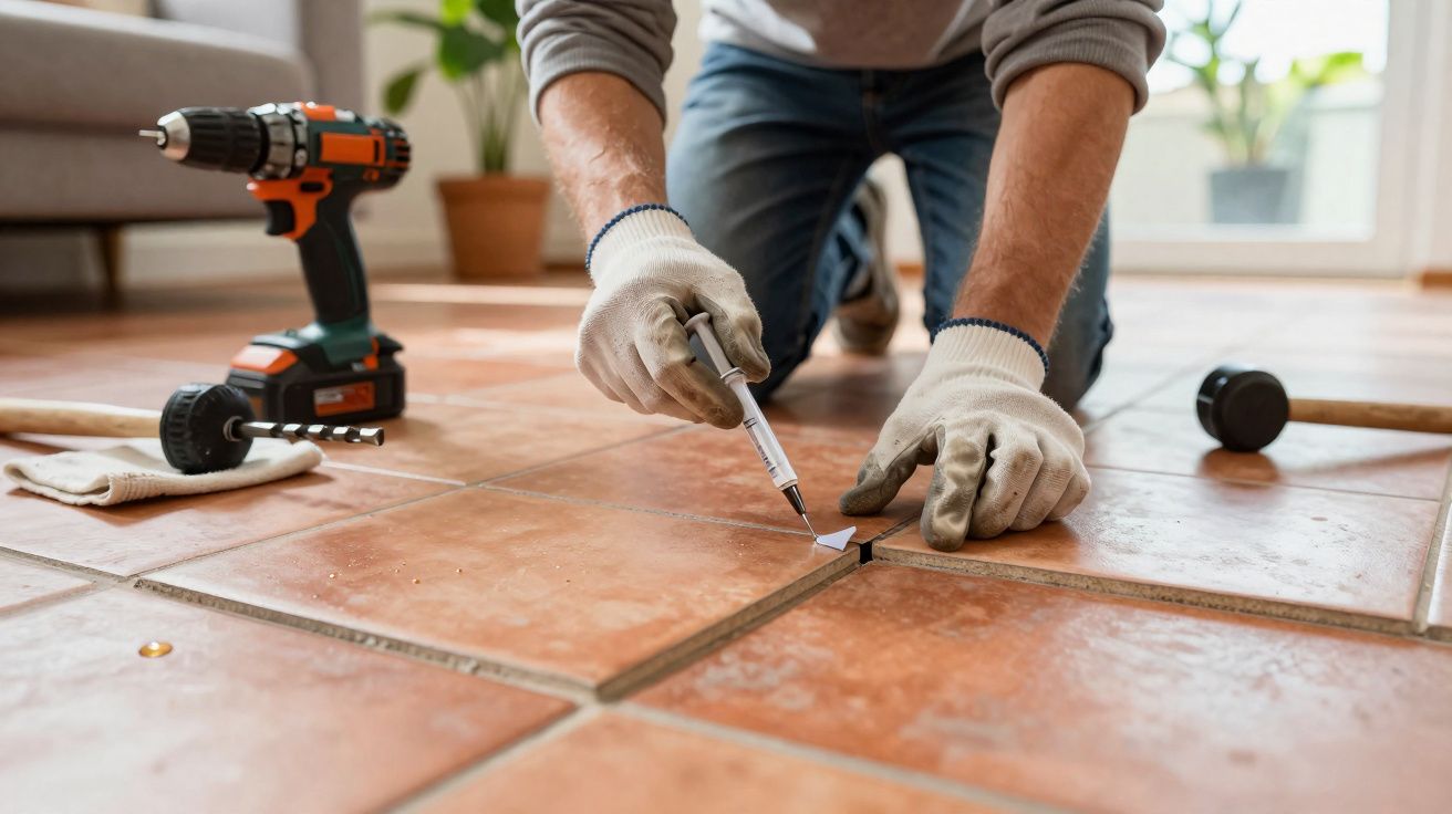 Pessoa com luvas a aplicar argamassa ou a reparar juntas de azulejos num chão interior.