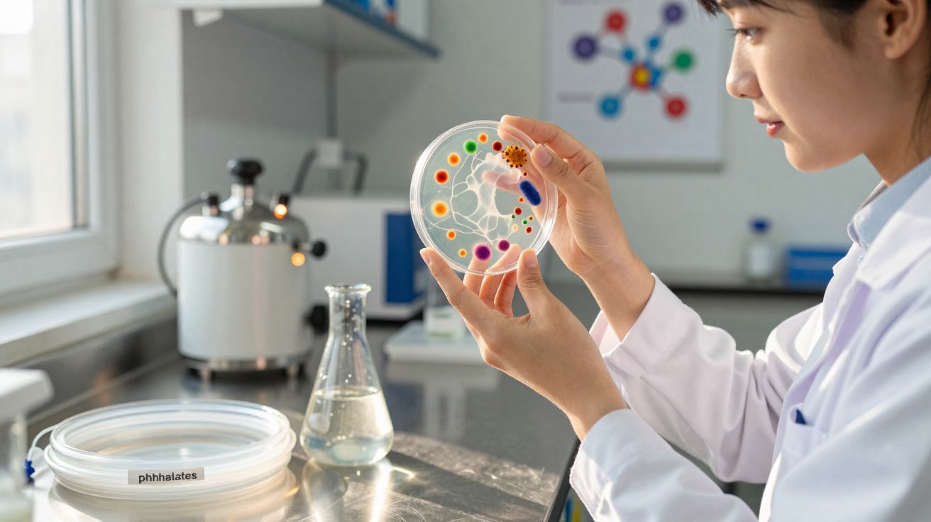 Mulher em laboratório a analisar placa de Petri com colónias bacterianas coloridas à luz natural.