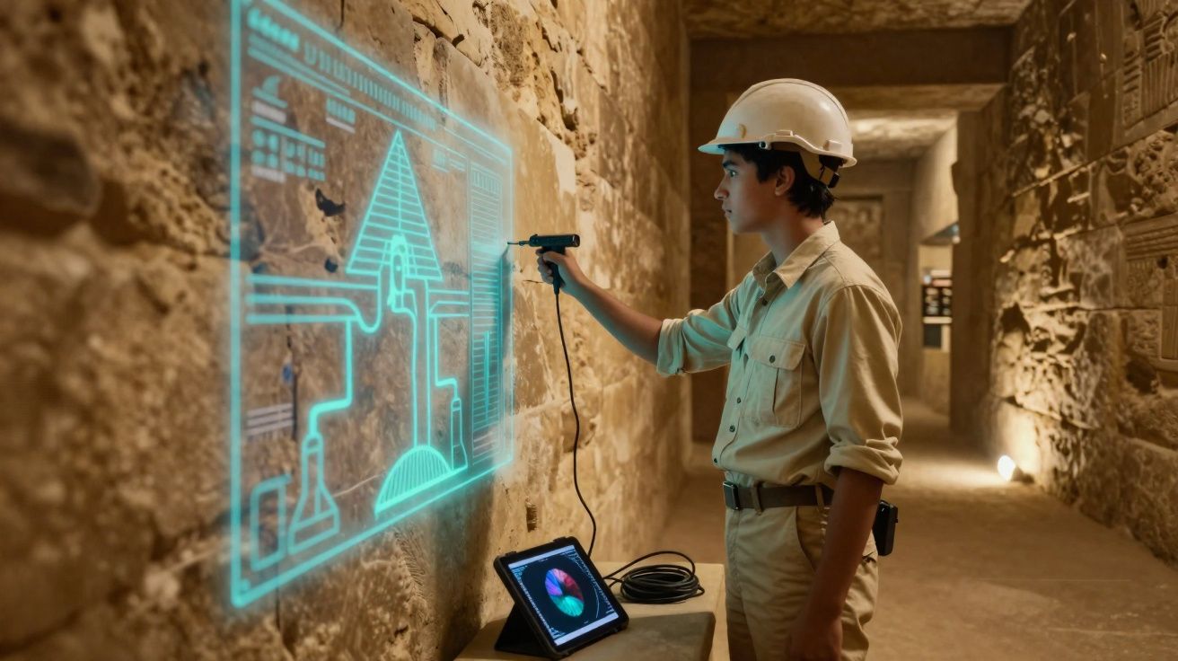Arqueólogo com capacete usa scanner para analisar hieróglifos numa parede antiga iluminada digitalmente.