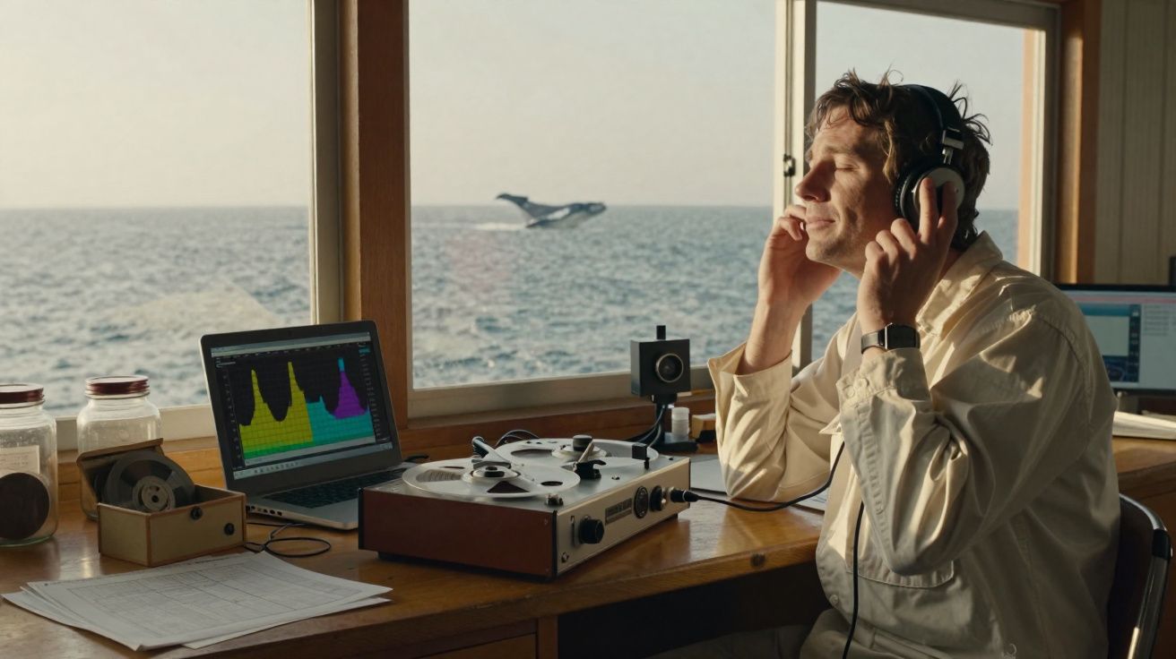 Homem com auscultadores sentado num barco a ouvir gravação de áudio com golfinho a saltar no mar.