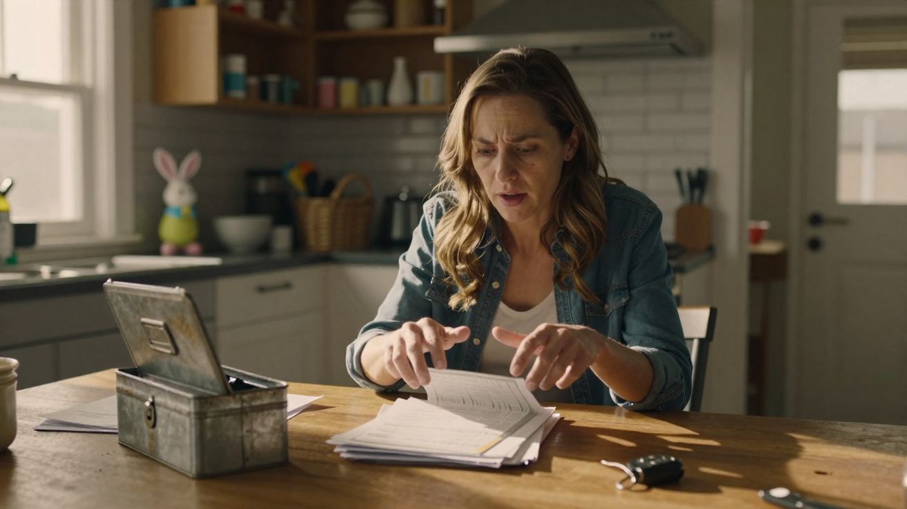 Mulher com expressão preocupada a analisar documentos numa cozinha iluminada pela luz natural.