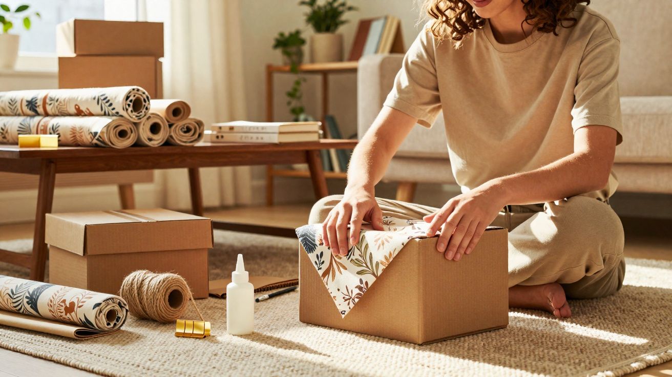 Pessoa sentada no chão a embrulhar uma caixa com papel decorativo em sala iluminada.